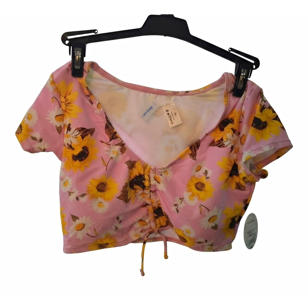 Xhilaration Pink Floral Drawstring Bikini Swim Top XL Removable Pads
